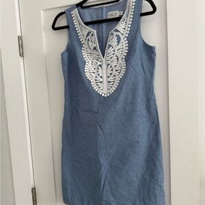 Eliza J Blue Chambray dress with White Embroidery/ Pom poms. Size 6 like new.